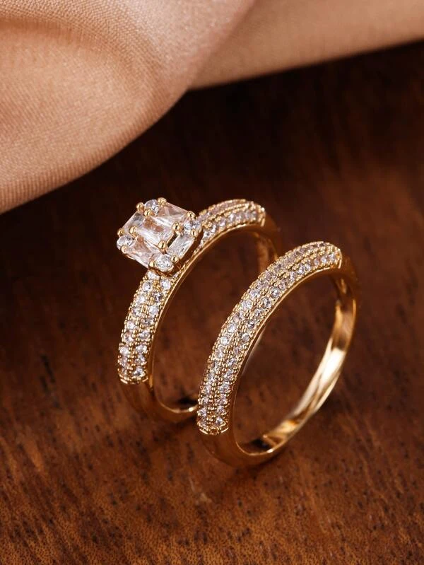 2 PEÇAS DE ANEL DOURADO DE DECORAÇÃO DE ZIRCÃO