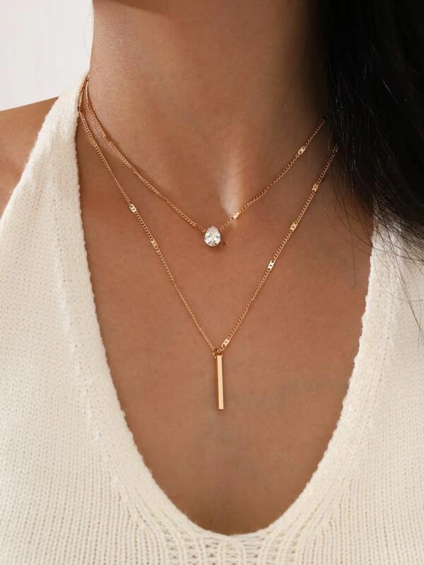 2 PEÇAS/CONJUNTO COLAR STRASS PINGO D’ÁGUA & RETÂNGULO