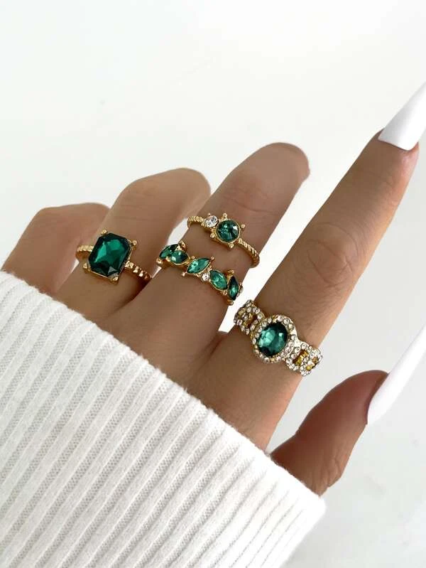 4 PEÇAS ANEL DECORAÇÃO DE STRASS E PEDRA VERDE