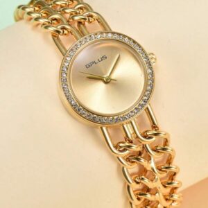 RELÓGIO DE QUARTZO DOURADO COM DECORAÇÃO DE STRASS